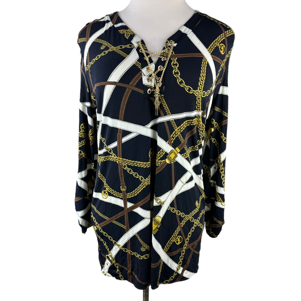Michael Kors Chain Belt Print Mini Dress or Tunic Top Large Black Gold *No Belt - Picture 5 of 16
